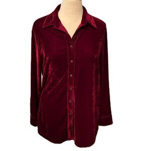 Foxcroft Long Sleeve Burgundy Velvet Velour Relaxed Button Up Shirt Top Large
